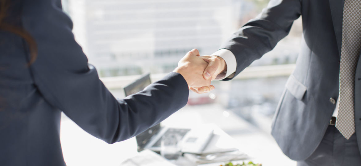 Business people shaking hands in sunny office